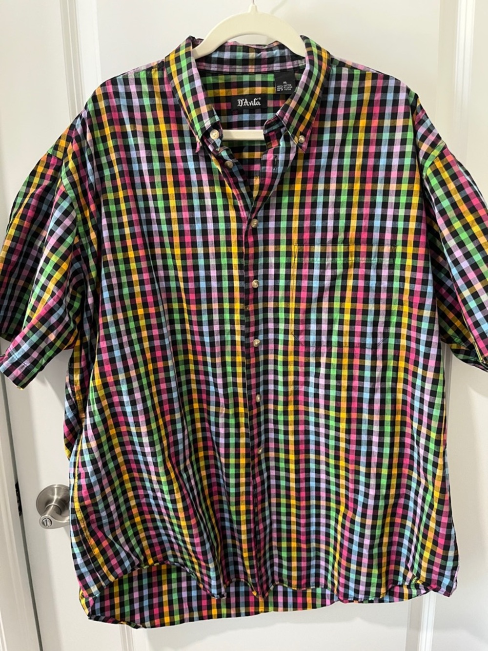 D’Avila VTG Multicolor Check Short-Sleeve Button-Down Cotton Shirt SZ XL